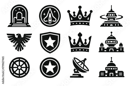 Set of black icon designs featuring spacecraft, crowns, and buildings
