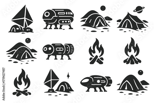 Space camping icons: tents, campfires, and futuristic caravans