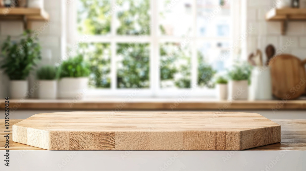 Fototapeta premium Wooden cutting board on white table in kitchen, closeup. Space for text