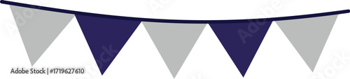 Curved string of festive bunting with alternating navy blue and silver grey pennants.