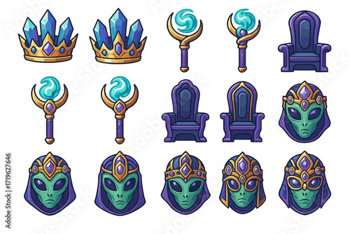 Fantasy alien royalty: crowns, scepters, thrones, and regal masks