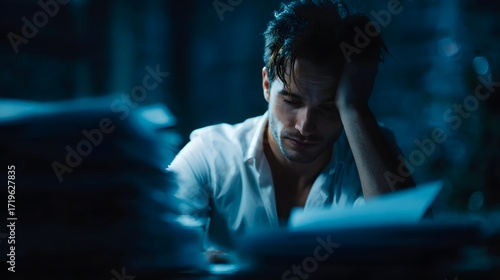 Exhausted man overwhelmed by work surrounded by papers in dim light late at night