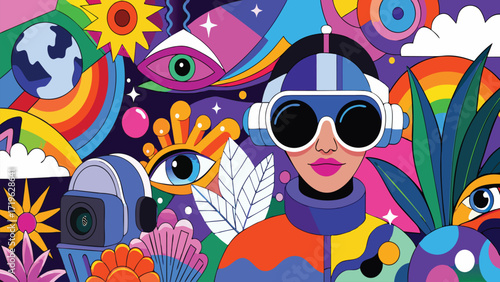 Neon Style DJ with Headphones and Palm Trees Vector cartoon