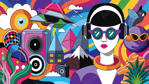 Neon Style DJ with Headphones and Palm Trees Vector cartoon