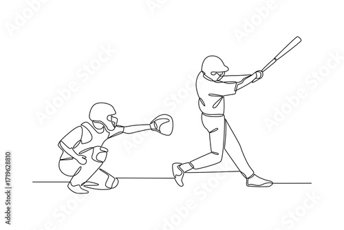 Continues line of baseball catcher and batter during pitch, Single line drawing vector graphic design illustration