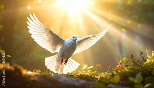 A serene image captures a white bird in flight, bathed in golden sunlight filtering through lush greenery. The composition evokes peace