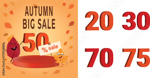 Autumn sale banner in warm orange gradient: cartoon leaf characters holding “SALE” and a red podium. Discount numbers 20, 30, 50, 70, 75 are provided as separate editable elements