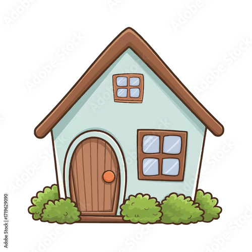 Cute cartoon house illustration with a brown roof and door