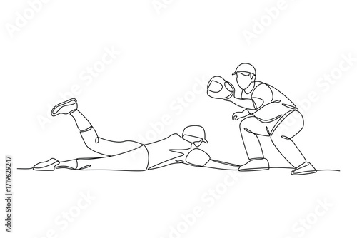 Continues line of baseball player sliding into base, Single line drawing vector graphic design illustration