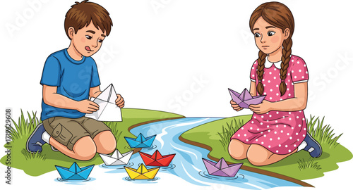 Children playing with paper boats, boy and girl near river, summer outdoor fun, childhood creativity, colorful origami boats illustration