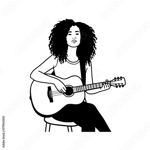 Black and white line art of a cool woman playing guitar in casual outfit minimalist stylish illustration