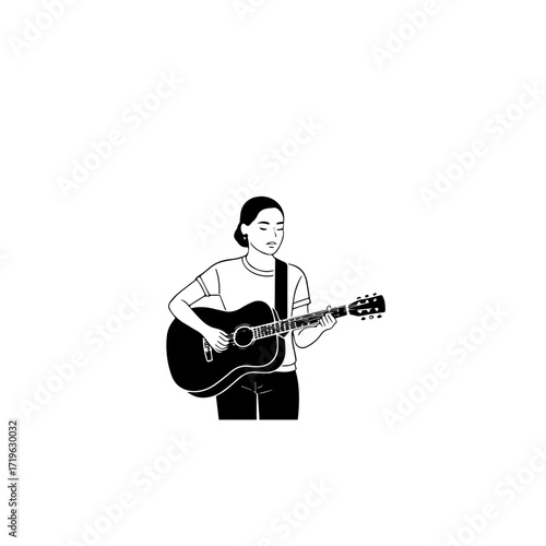 Black and white line art of a cool woman playing guitar in casual outfit minimalist stylish illustration