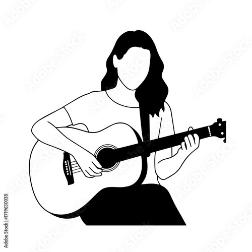 Black and white line art of a cool woman playing guitar in casual outfit minimalist stylish illustration