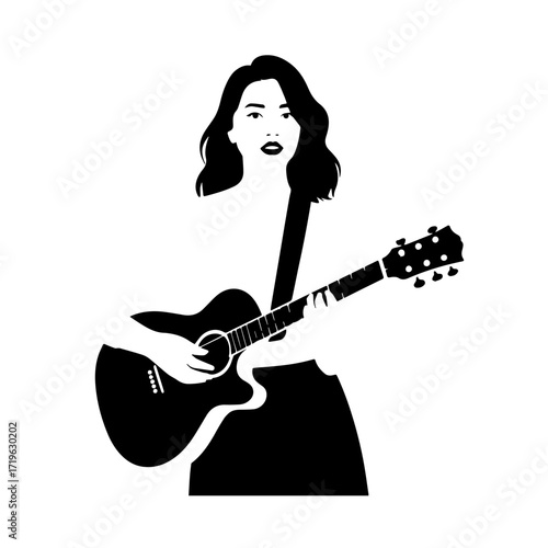 Black and white line art of a cool woman playing guitar in casual outfit minimalist stylish illustration