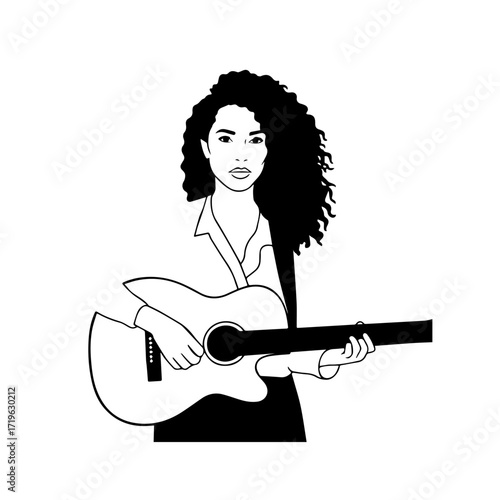 Black and white line art of a cool woman playing guitar in casual outfit minimalist stylish illustration