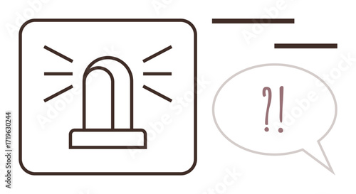 Flashing alarm light with radiating lines and a speech bubble featuring question and exclamation marks. Ideal for alert, caution, emergency, urgency, communication, confusion, simple flat metaphor
