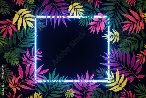 Modern tropical leaves with glowing neon square.