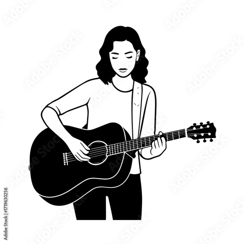 Black and white line art of a cool woman playing guitar in casual outfit minimalist stylish illustration