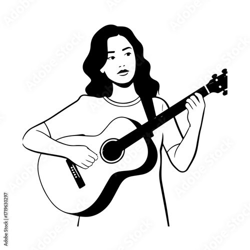 Black and white line art of a cool woman playing guitar in casual outfit minimalist stylish illustration