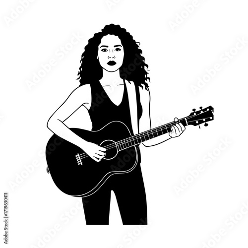 Black and white line art of a cool woman playing guitar in casual outfit minimalist stylish illustration