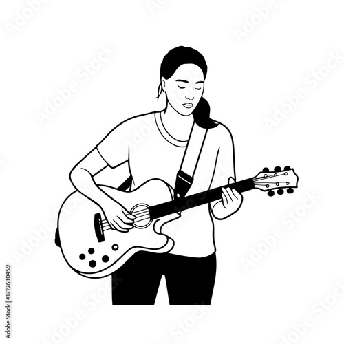 Black and white line art of a cool woman playing guitar in casual outfit minimalist stylish illustration