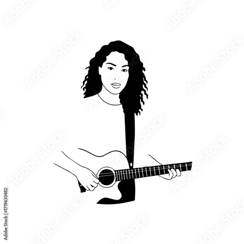 Black and white line art of a cool woman playing guitar in casual outfit minimalist stylish illustration