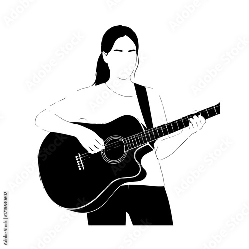 Black and white line art of a cool woman playing guitar in casual outfit minimalist stylish illustration