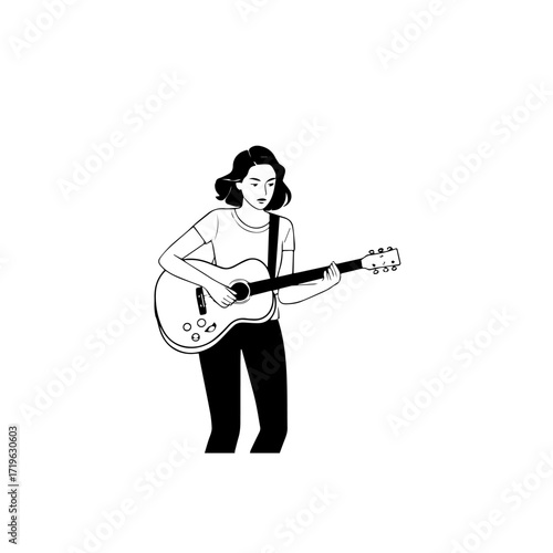 Black and white line art of a cool woman playing guitar in casual outfit minimalist stylish illustration