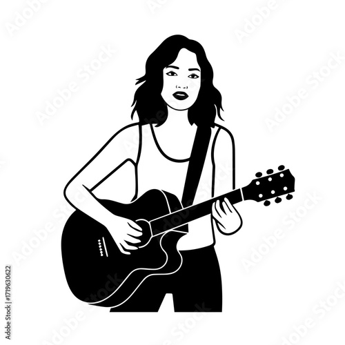 Black and white line art of a cool woman playing guitar in casual outfit minimalist stylish illustration