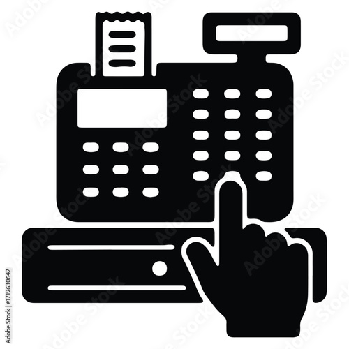 Black and white cash register with hand pressing button vector illustration