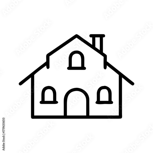 Simple line drawing of a house with chimney and windows  