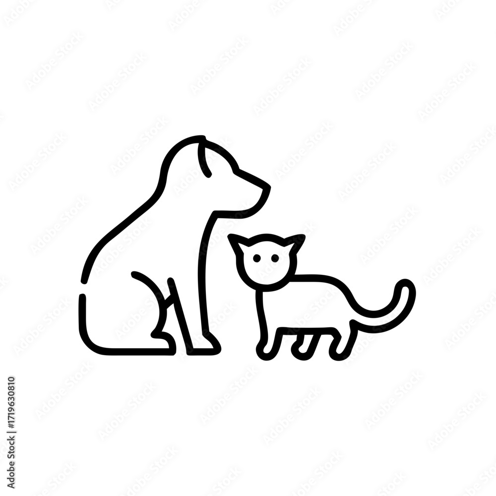 Naklejka premium Dog and cat outline illustration sitting together on white background 