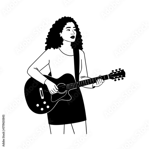 Black and white line art of a cool woman playing guitar in casual outfit minimalist stylish illustration