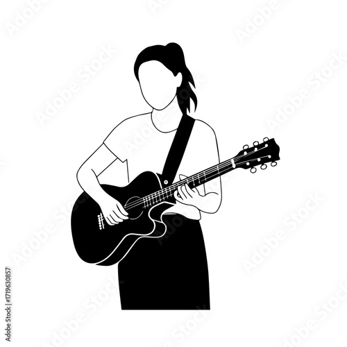 Black and white line art of a cool woman playing guitar in casual outfit minimalist stylish illustration