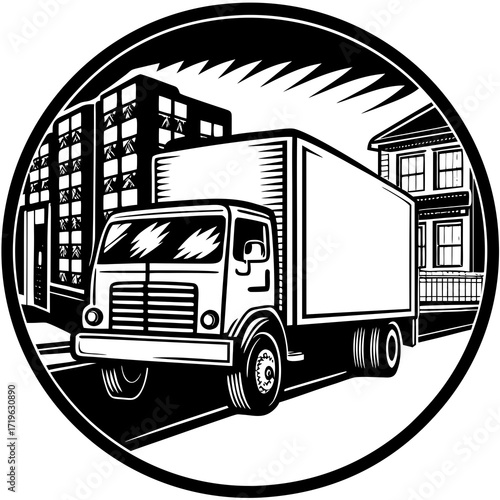 Delivery truck driving through city streets in black and white style  