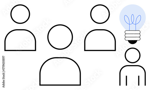 People icons symbolizing teamwork, with one figure next to a glowing light bulb. Ideal for innovation, collaboration, leadership, brainstorming, creativity, individuality, and problem-solving as