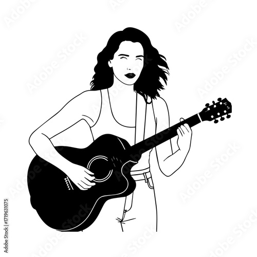 Black and white line art of a cool woman playing guitar in casual outfit minimalist stylish illustration