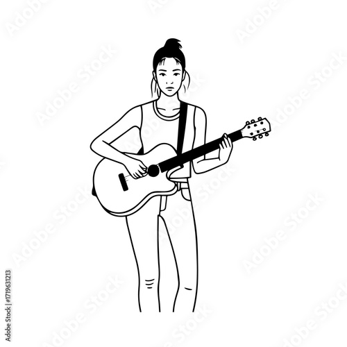 Black and white line art of a cool woman playing guitar in casual outfit minimalist stylish illustration