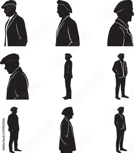 A collection of man wearing beret and jacket silhouette vector, black and white silhouette vector illustration