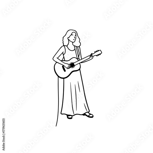 Black and white line art of a cool woman playing guitar in casual outfit minimalist stylish illustration