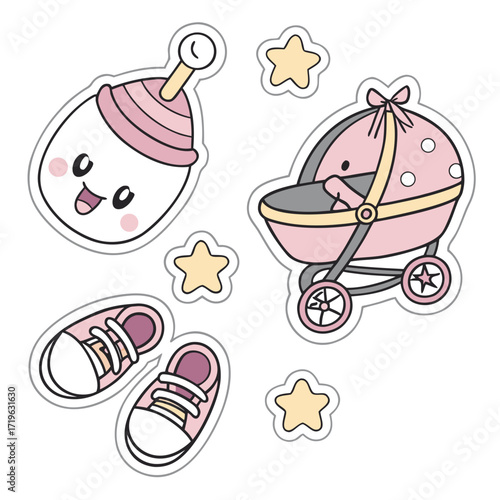 Cute baby shower stickers vector illustration for gifts and decorations