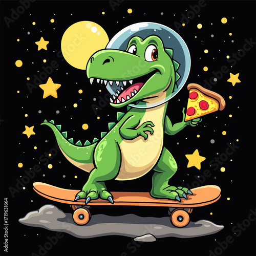 Vector drawing for children, teenager t-shirt. 
Cute green dinosaur in space with pizza, 
star, moon, asteroid on skateboard 
isolated on black background. Cartoon 
design for fabric, paper, clothing.
