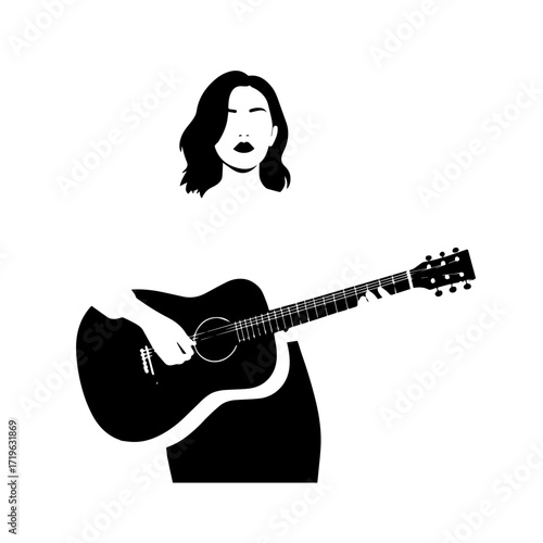 Black and white line art of a cool woman playing guitar in casual outfit minimalist stylish illustration