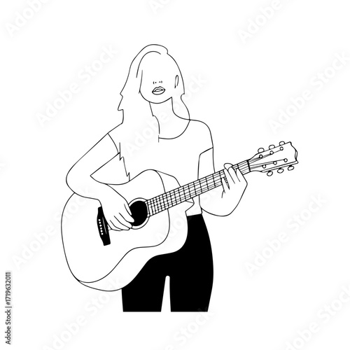 Black and white line art of a cool woman playing guitar in casual outfit minimalist stylish illustration