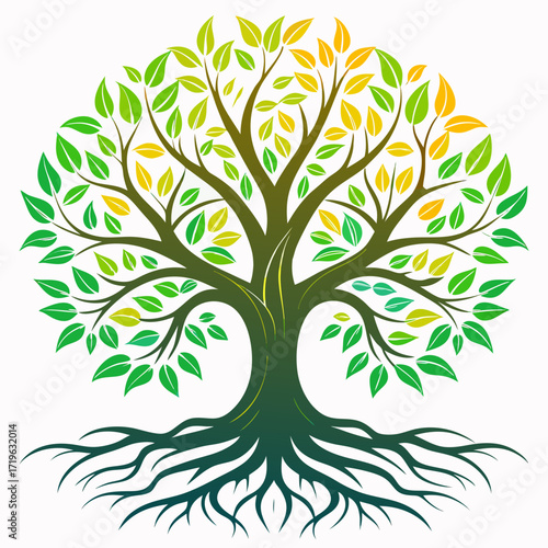 Abstract tree of life silhouette with intricate roots and colorful foliage vector illustration