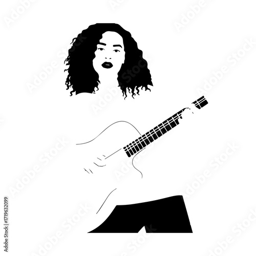 Black and white line art of a cool woman playing guitar in casual outfit minimalist stylish illustration