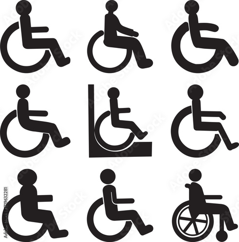 A collection of Person in wheelchair symbol mobility accessibility silhouette vector, black and white silhouette vector illustration