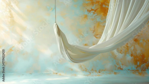 Flowing white fabric hangs elegantly against textured pastel background