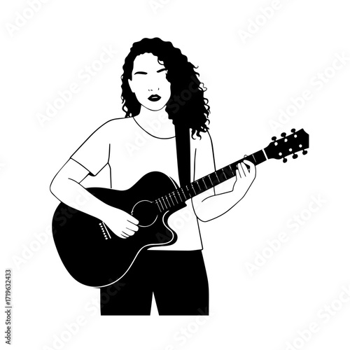 Black and white line art of a cool woman playing guitar in casual outfit minimalist stylish illustration