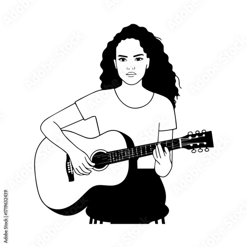 Black and white line art of a cool woman playing guitar in casual outfit minimalist stylish illustration